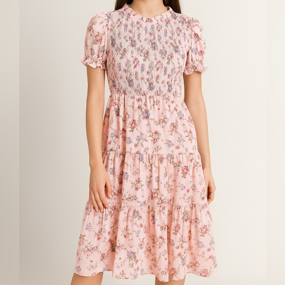 Ivy City Co Madeline Pink Floral Smocked Tiered Midi Dress SIZE XXS